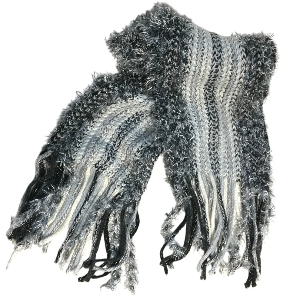 Striped Sparkle Fringe Scarf Gray White Black Knit Chunky Soft Warm Womens